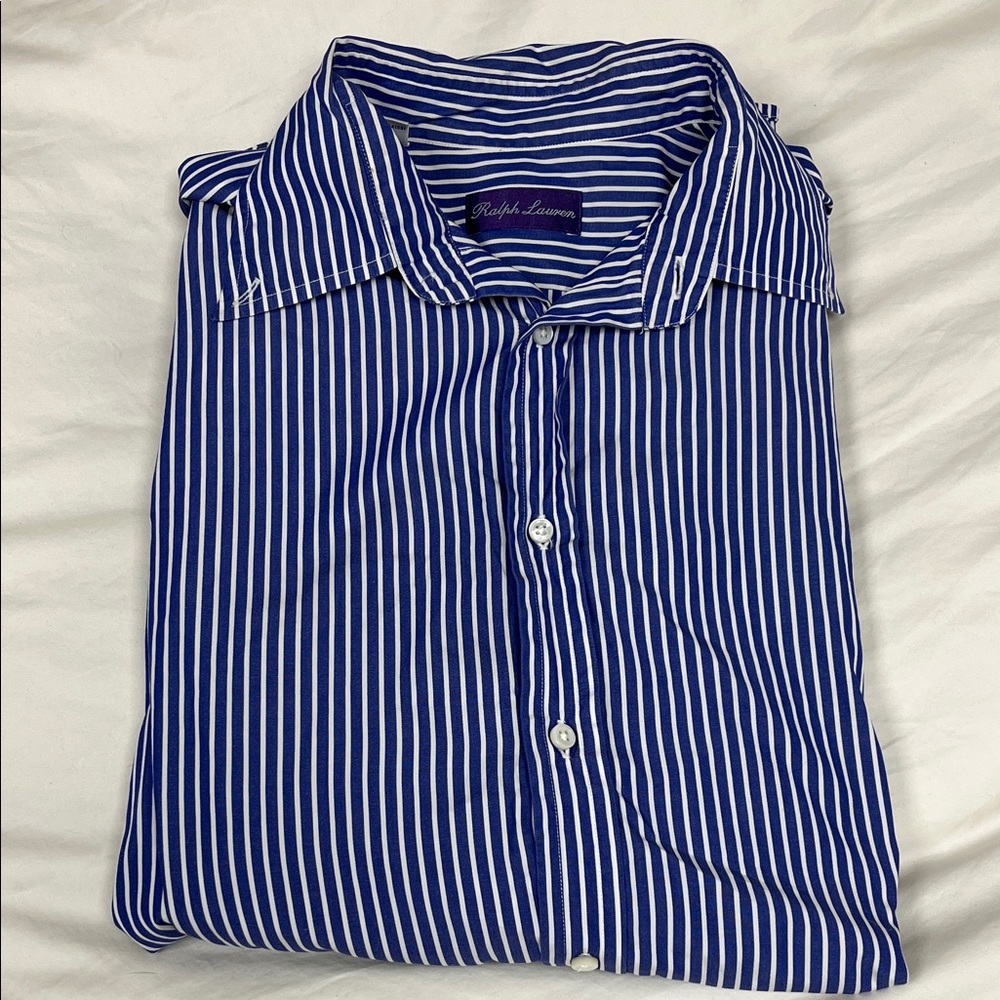 Ralph Lauren Men's White and navy Blue Striped Shirt